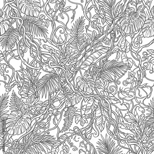 Jungle pattern featuring dense black and white line art of tropical leaves and winding vines creating a repeating botanical texture.