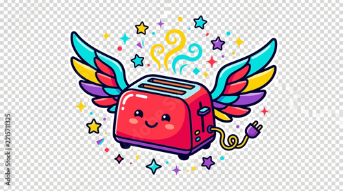 Red toaster with rainbow colored wings and a smiling face floats happily surrounded by bright glowing stars and magical vapor curls.