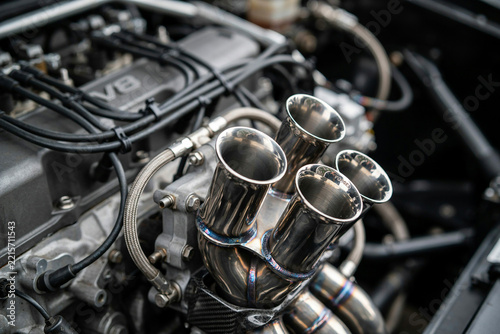 Close up of a high performance V8 engine intake manifold with
