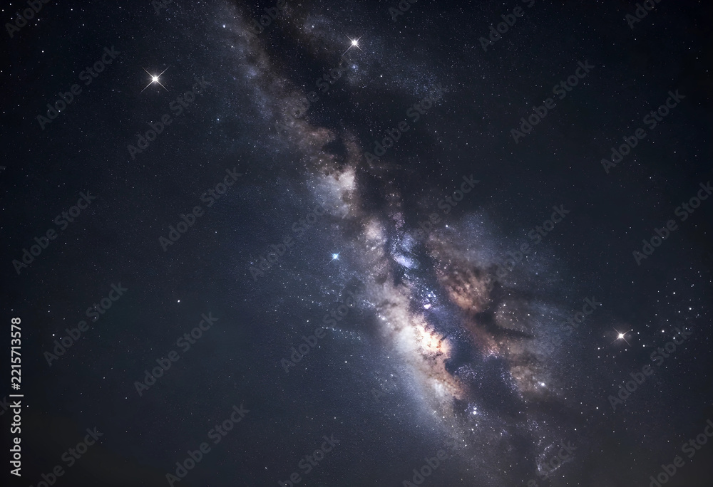 Fototapeta premium Astronomy and space exploration, milky way galaxy with bright stars and cosmic nebula in the deep night sky for science and nature background