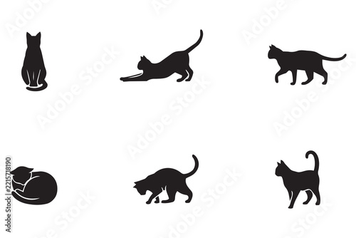 collection of stylized cat silhouette graphic icons in various poses . Isolated on transparent background, png