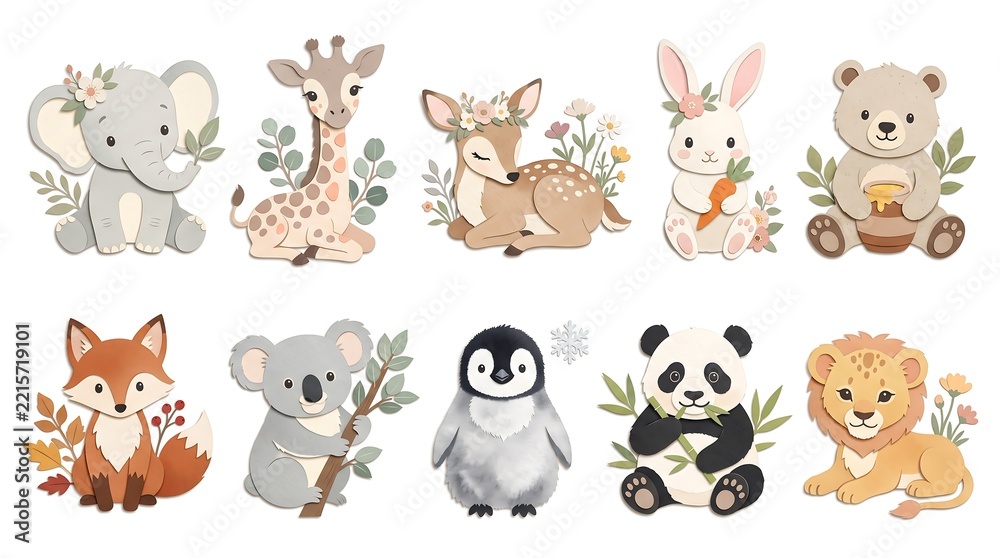 Obraz premium Cute baby animals performing playful activities in a watercolor style