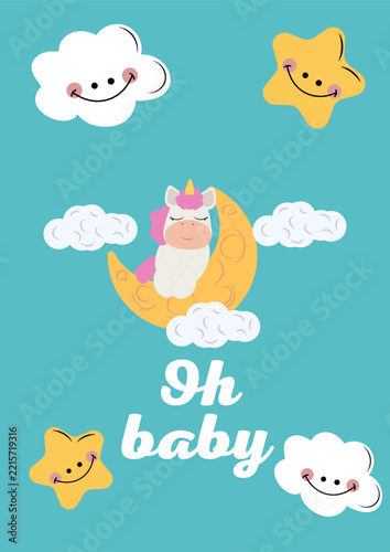 Cute baby shower card template with little sleeping unicorn, smiling stars, clouds, moon and balloon