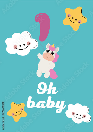 Cute baby shower card template with little sleeping unicorn, smiling stars, clouds, moon and balloon