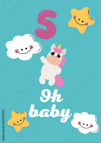 Cute baby shower card template with little sleeping unicorn, smiling stars, clouds, moon and balloon