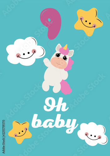 Cute baby shower card template with little sleeping unicorn, smiling stars, clouds, moon and balloon