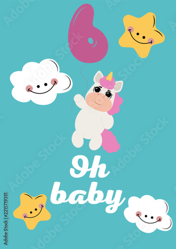 Cute baby shower card template with little sleeping unicorn, smiling stars, clouds, moon and balloon
