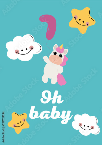 Cute baby shower card template with little sleeping unicorn, smiling stars, clouds, moon and balloon