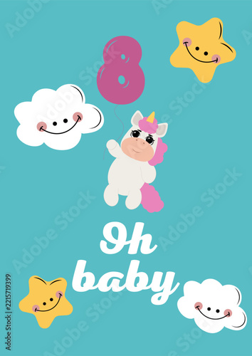 Cute baby shower card template with little sleeping unicorn, smiling stars, clouds, moon and balloon