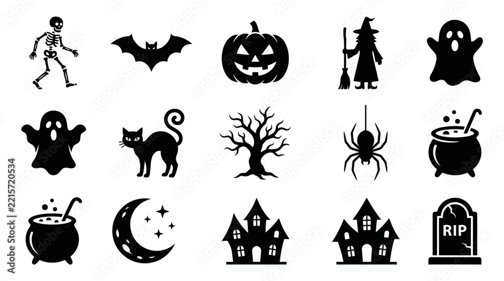 Fototapeta premium Professional Halloween Themed Black and White Icon Set Featuring Spooky Symbols Characters and Objects for Design Projects