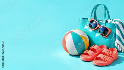 Glossy Turquoise Beach Bag and Coral Sandals with Summer Accessories