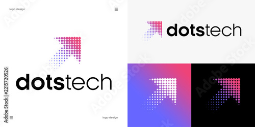 dots tech arrow shape simple logo design, technology innovation, business growth, digital acceleration and marketing success concept, upward arrow formed by halftone dot matrix, vector.