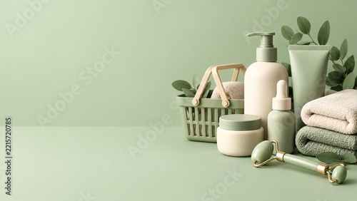 Sage Skincare Bottles and Facial Roller with Towels and a Basket
