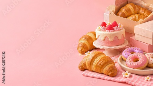 Pastel Strawberry Cake and Croissants with Iced Donuts on Pink