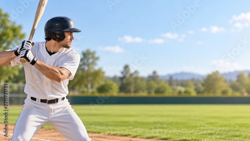 Male baseball batter holding a wooden bat beneath a clear outdoor sky