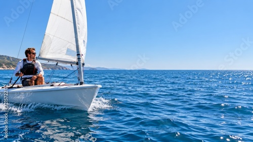 Man sailing a small white dinghy across blue sea under a bright clear sky