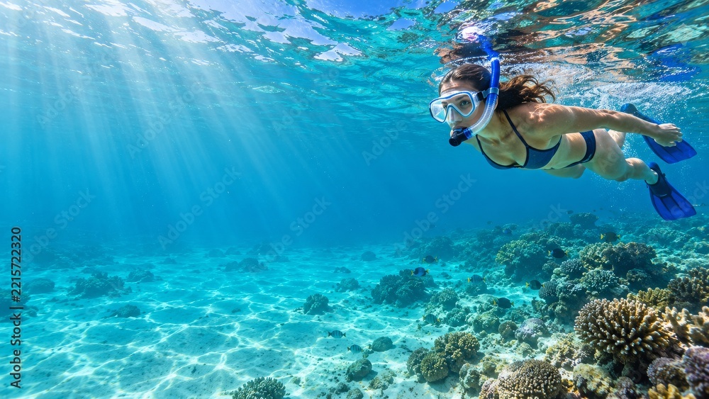 Fototapeta premium Female snorkeler swimming above a sunlit coral reef in clear turquoise water