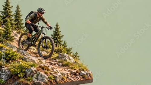 Mountain biker on a rocky miniature forest trail against a muted green backdrop