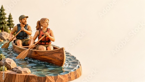 Carved wood style couple paddling a canoe on a small rocky water diorama