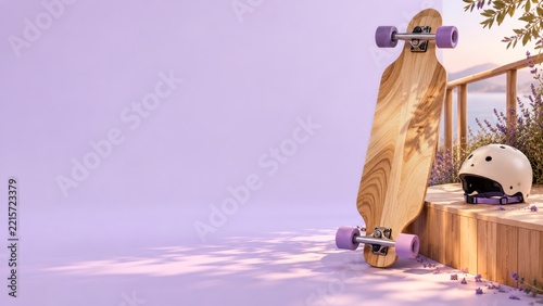 Wooden longboard with lavender wheels beside a cream helmet and coastal flowers