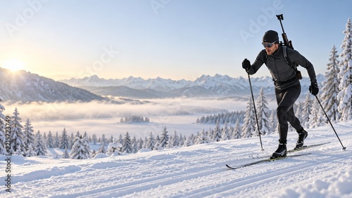 Biathlon Skier with a Rifle on His Back Crossing a Snowy Alpine Trail