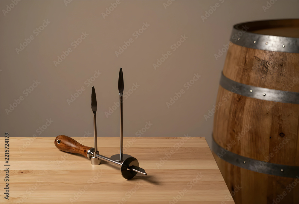 Fototapeta premium Winemaking and craft beverage production, professional wine tasting tools and metal sampling equipment on wooden table with oak barrel in cellar