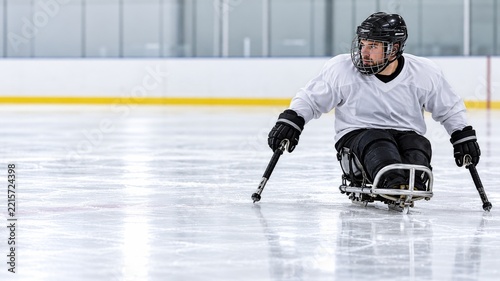 Sled Hockey Player in White Using Short Sticks on a Blue Indoor Rink