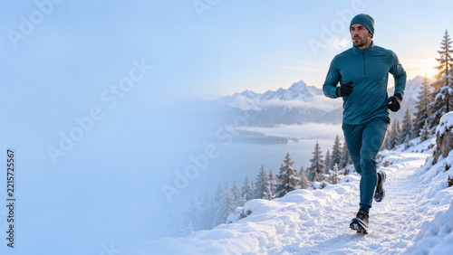 Teal Clad Runner on a Snowy Mountain Trail Above a Misty Winter Lake