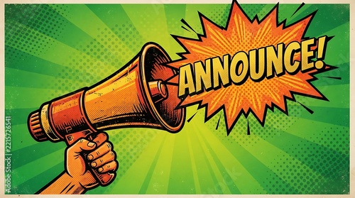 Pop art comic book style hand holding megaphone announce message vector graphic background