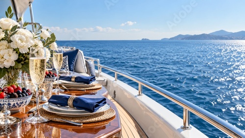 Champagne and Berries on a Yacht Table Overlooking Sparkling Blue Sea