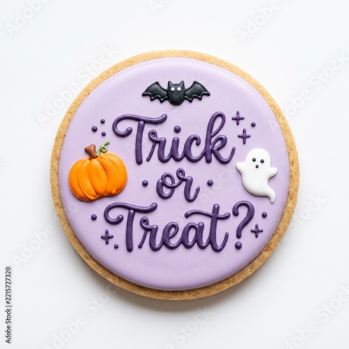 Cute Halloween Trick Treat Sugar Cookie with Lavender Icing and Decorations.