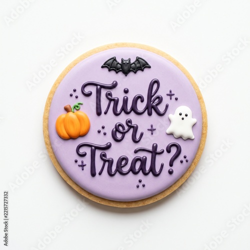Cute Halloween Trick Treat Sugar Cookie with Lavender Icing and Decorations.