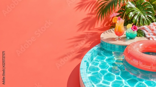Tropical Pool Corner with Bright Cocktails and a Coral Swimming Ring