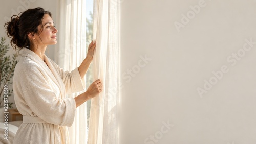 Woman Opening Linen Curtains in a Quiet Sunlit Room Wearing a Cream Robe