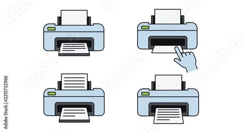 Illustration of printer operation steps including paper loading and the print command being activated by a user.