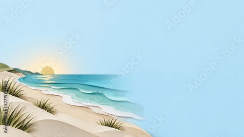 Layered Paper Beach with Turquoise Waves and a Yellow Sun on Pale Blue