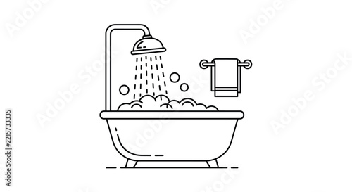 Illustration of a modern bathtub filled with foam bubbles under a running shower head next to a hanging towel for bathroom concepts.