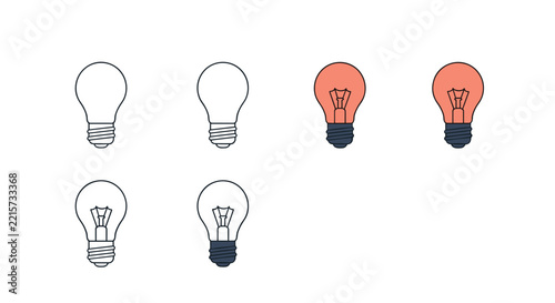 Set of lightbulbs in various states including unlit and glowing orange versions to depict different stages of thought and idea generation.