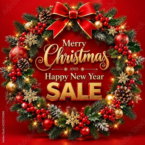 Merry Christmas and Happy New Year Sale Wreath Banner 