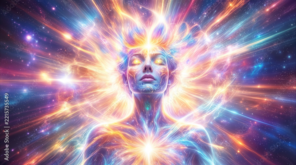 Fototapeta premium Spiritual awakening of a person surrounded by vibrant cosmic energy. Mindful consciousness and transcendental meditation concept.