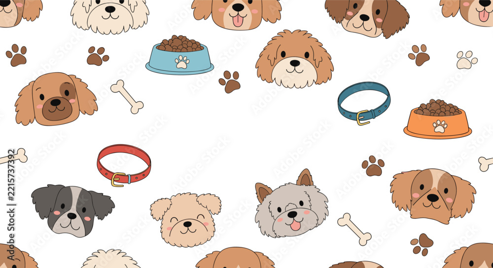 Fototapeta premium Playful seamless pattern featuring cute hand-drawn puppy dog faces with collars, bones, food bowls, and paw prints.