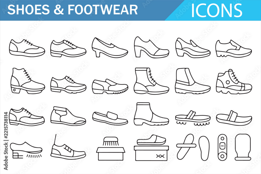 Obraz premium Footwear Icons Collection, Sneakers Boots Athletic Shoes and Fashion Shoe Outline Set