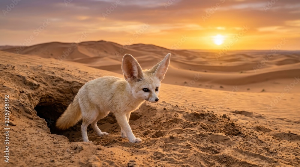 Fototapeta premium A fennec fox emerges from its desert burrow during a golden sunset in the sandy dunes