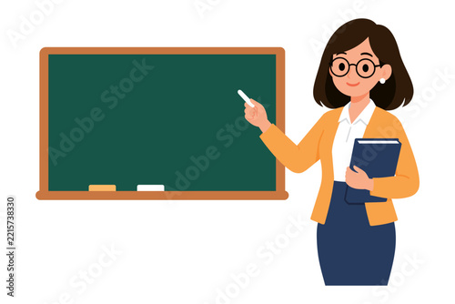 Female Teacher Teaching in Front of Blackboard – Education and Classroom Vector Illustration