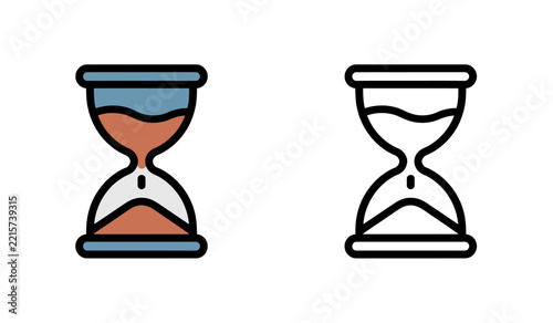 Hourglass with flowing sand, measurement of time, deadline countdown symbol.