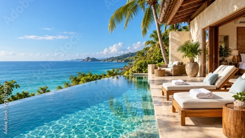 Tropical Bungalow Terrace with Cream Loungers and an Infinity Pool