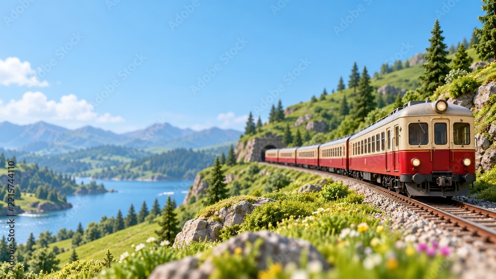 Fototapeta premium Red and Cream Mountain Train Emerging from a Tunnel Above a Blue Lake