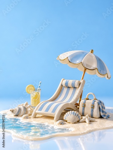 Porcelain Beach Lounger and Umbrella with Lemonade on Blue Background