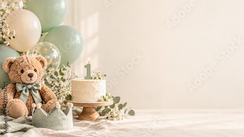 First birthday cake with teddy bear, mint balloons and a fabric crown