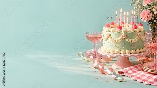 Vintage mint birthday cake with cherries and pink glass party tableware